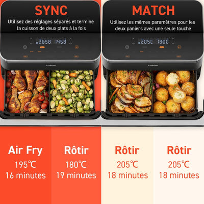 COSORI - Friteuse à Air - 10L Twinfry, Dual Zone Avec Séparateur Amovible